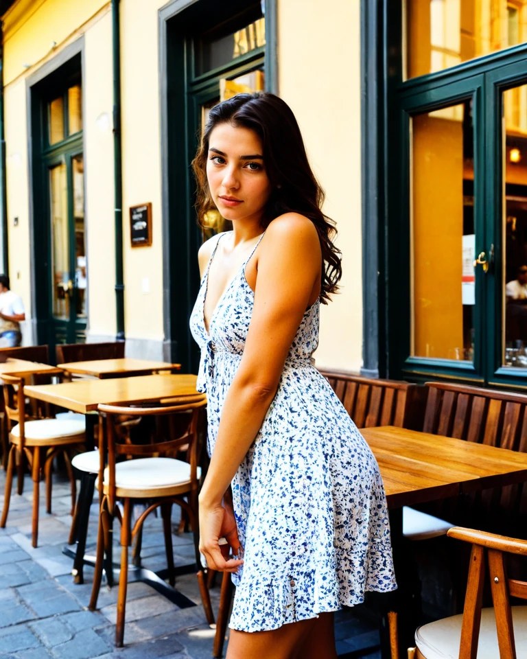 Woman at a Milan Navigli cafe terrace in the evening
